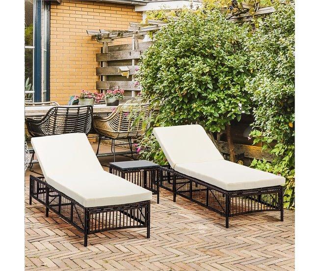 Conforama Outsunny Conjunto De 2 Tumbonas De Jardín Exterior Tumbonas De Mimbre Tejido Con Mesa De Tapa De Vidrio Respaldo Reclinable De 5 Posiciones Y Cojines Suaves 196x54x32 Cm Marrón