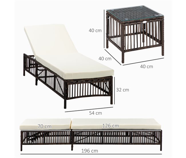 Conforama Outsunny Conjunto De 2 Tumbonas De Jardín Exterior Tumbonas De Mimbre Tejido Con Mesa De Tapa De Vidrio Respaldo Reclinable De 5 Posiciones Y Cojines Suaves 196x54x32 Cm Marrón