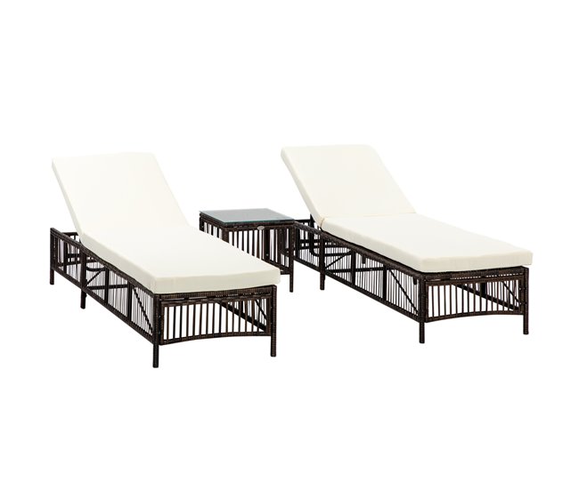 Conforama Outsunny Conjunto de 2 Tumbonas de Jardín Exterior Tumbonas de Mimbre Tejido con Mesa de Tapa de Vidrio Respaldo Reclinable de 5 Posiciones y Cojines Suaves 196x54x32 cm Marrón