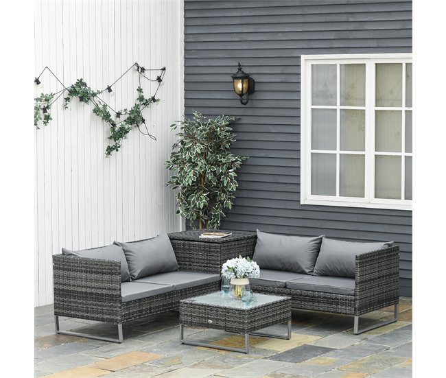 Conforama Outsunny Conjunto De 4 Muebles De Jardín De Ratán Con 2 Sofás Dobles Mesa Central Mesa Con Arcón Cojines Extraíbles Para Terraza Exterior 132x69x64 Cm Gris