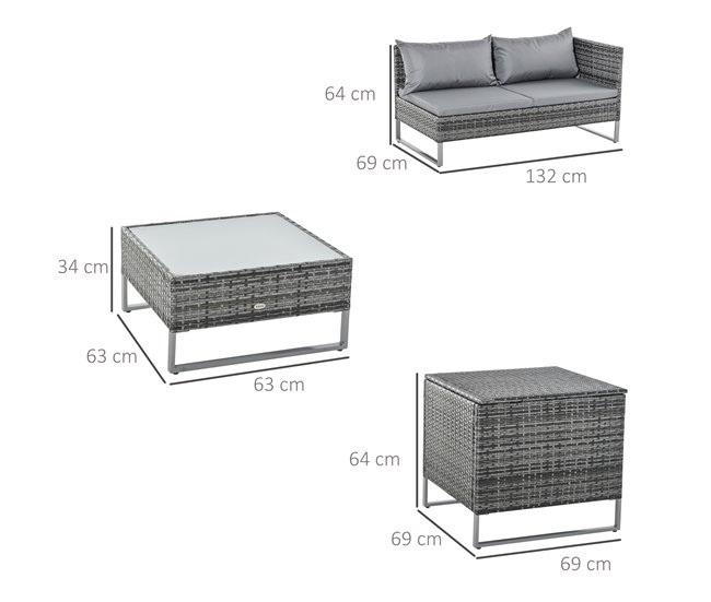 Conforama Outsunny Conjunto De 4 Muebles De Jardín De Ratán Con 2 Sofás Dobles Mesa Central Mesa Con Arcón Cojines Extraíbles Para Terraza Exterior 132x69x64 Cm Gris