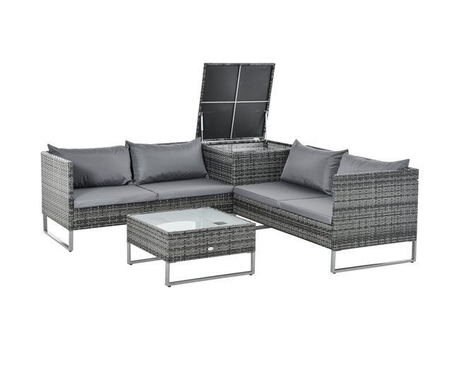 Conforama Outsunny Conjunto de 4 Muebles de Jardín de Ratán con 2 Sofás Dobles Mesa Central Mesa con Arcón Cojines Extraíbles para Terraza Exterior 132x69x64 cm Gris