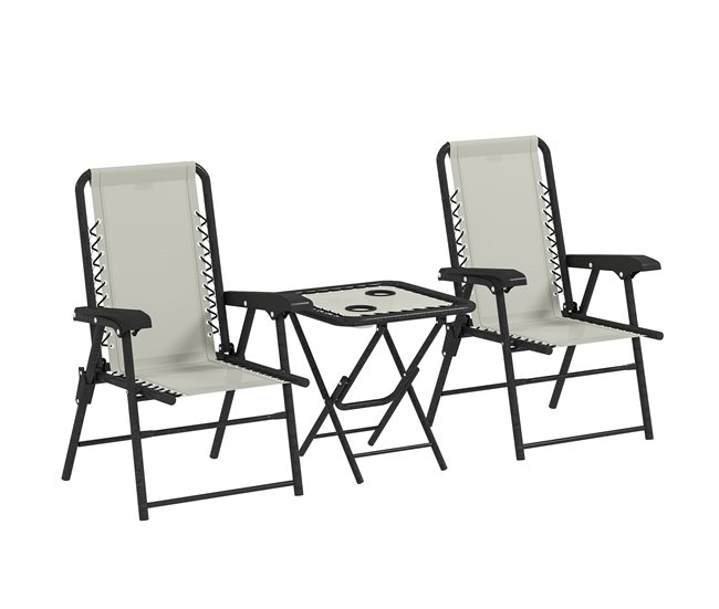 Conforama Outsunny Conjunto de Mesa y Sillas de Terraza Exterior de 3 Piezas Muebles de Jardín Exterior Plegables con Estructura de Acero y Portavasos para Patio Crema