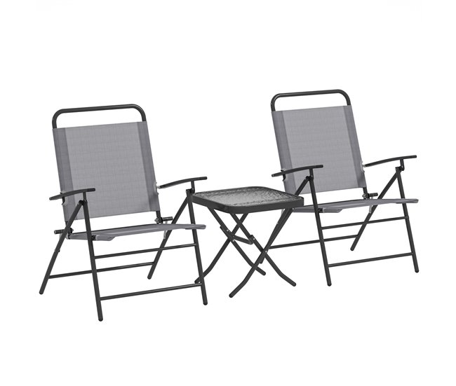 Conforama Outsunny Conjunto de Mesa y Sillas de Terraza Exterior de 3 Piezas Muebles de Jardín Exterior Plegables con Respaldo Regulable Tablero de Vidrio y Estructura de Acero Gris
