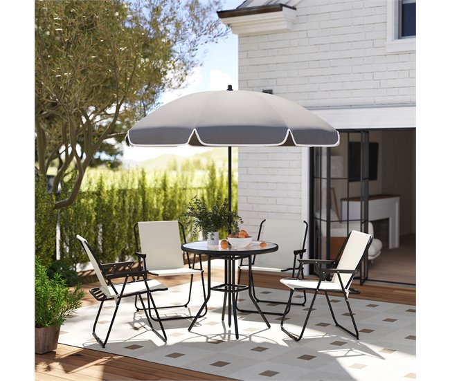 Conforama Outsunny Conjunto De Mesa Y Sillas Jardín De 6 Piezas Muebles De Jardín Exterior Con 4 Sillas Plegables Mesa De Vidrio Y Sombrilla Para Terraza Patio Crema