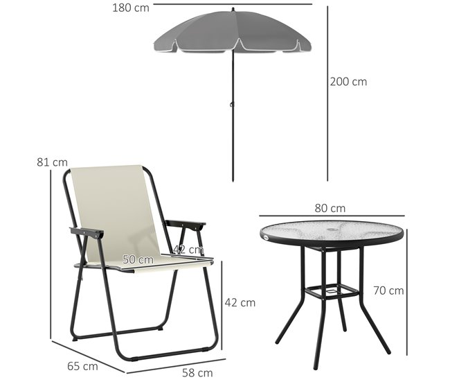 Conforama Outsunny Conjunto De Mesa Y Sillas Jardín De 6 Piezas Muebles De Jardín Exterior Con 4 Sillas Plegables Mesa De Vidrio Y Sombrilla Para Terraza Patio Crema