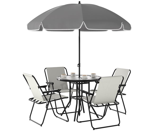 Conforama Outsunny Conjunto de Mesa y Sillas Jardín de 6 Piezas Muebles de Jardín Exterior con 4 Sillas Plegables Mesa de Vidrio y Sombrilla para Terraza Patio Crema