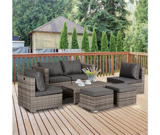 Conforama Outsunny Conjunto De Muebles De Jardín 8 Piezas De Ratán Convertible Con 2 Mesas De Centro 2 Sofás Esquineros 2 Sillones 2 Taburetes Con Cojines Para Patio Porche Terraza Gris