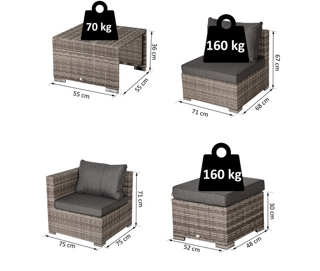 Conforama Outsunny Conjunto De Muebles De Jardín 8 Piezas De Ratán Convertible Con 2 Mesas De Centro 2 Sofás Esquineros 2 Sillones 2 Taburetes Con Cojines Para Patio Porche Terraza Gris