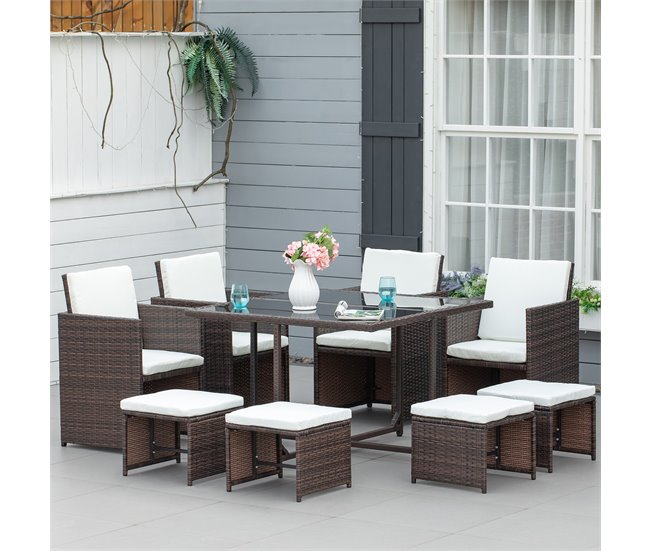 Conforama Outsunny Conjunto De Muebles De Jardín Comedor 9 Piezas De Ratán Apilables Con Cojines Para Terraza 1 Mesa 4 Sillas Y 4 Taburetes De Exterior Elegante Marrón