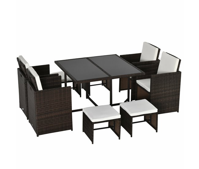 Conforama Outsunny Conjunto de Muebles de Jardín Comedor 9 Piezas de Ratán Apilables con Cojines para Terraza 1 Mesa 4 Sillas y 4 Taburetes de Exterior Elegante Marrón