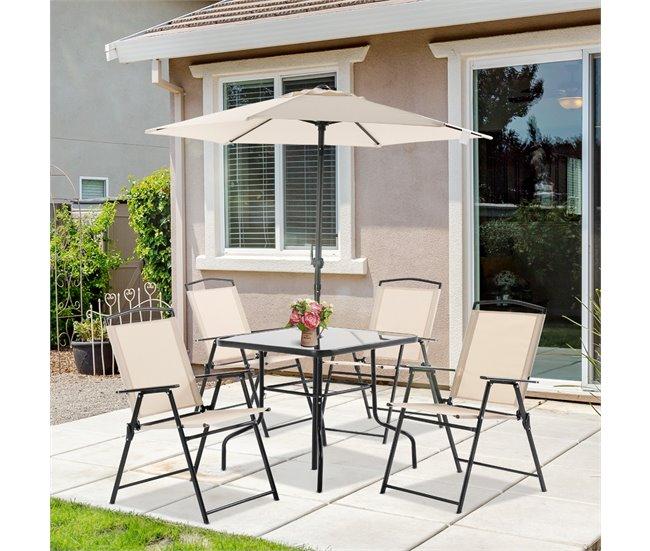Conforama Outsunny Conjunto De Muebles De Jardín Con 4 Sillas Plegables Mesa De Comedor De Vidrio Y Sombrilla Inclinable Protección Del Sol Para Patio Terraza Exterior 80x80x70 Cm Beige