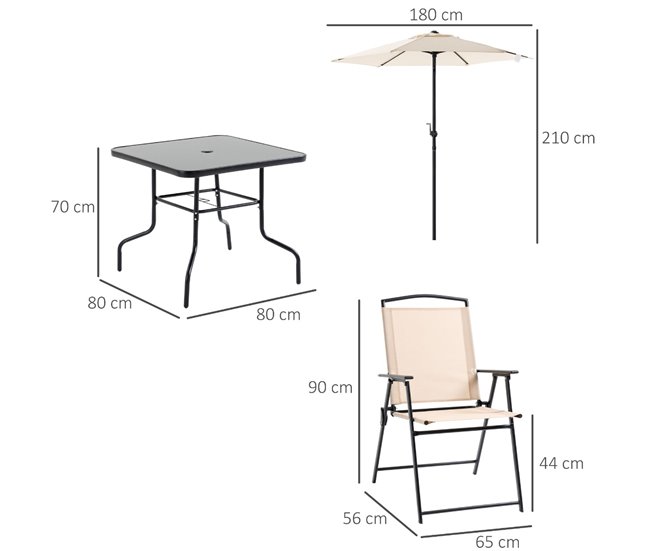 Conforama Outsunny Conjunto De Muebles De Jardín Con 4 Sillas Plegables Mesa De Comedor De Vidrio Y Sombrilla Inclinable Protección Del Sol Para Patio Terraza Exterior 80x80x70 Cm Beige