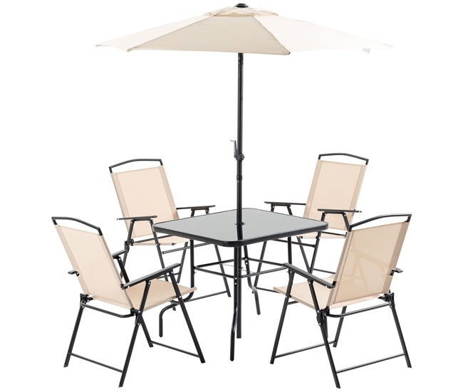 Conforama Outsunny Conjunto de Muebles de Jardín con 4 Sillas Plegables Mesa de Comedor de Vidrio y Sombrilla Inclinable Protección del Sol para Patio Terraza Exterior 80x80x70 cm Beige