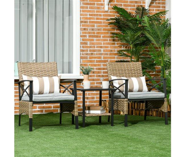 Conforama Outsunny Conjunto De Muebles De Jardín De 3 Piezas Juego De 2 Sillas Y Mesa De Ratán Con 2 Cojines Acolchados Y Marco De Acero Para Terraza Balcón Exterior Marrón