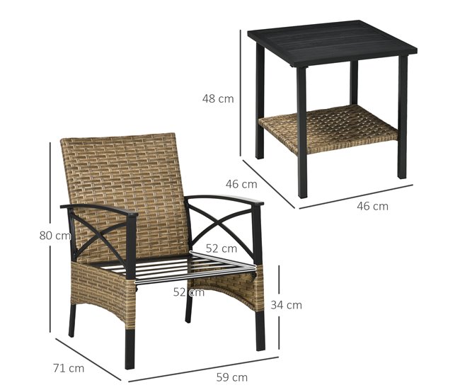 Conforama Outsunny Conjunto De Muebles De Jardín De 3 Piezas Juego De 2 Sillas Y Mesa De Ratán Con 2 Cojines Acolchados Y Marco De Acero Para Terraza Balcón Exterior Marrón
