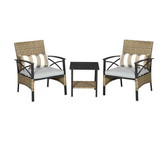 Conforama Outsunny Conjunto de Muebles de Jardín de 3 Piezas Juego de 2 Sillas y Mesa de Ratán con 2 Cojines Acolchados y Marco de Acero para Terraza Balcón Exterior Marrón