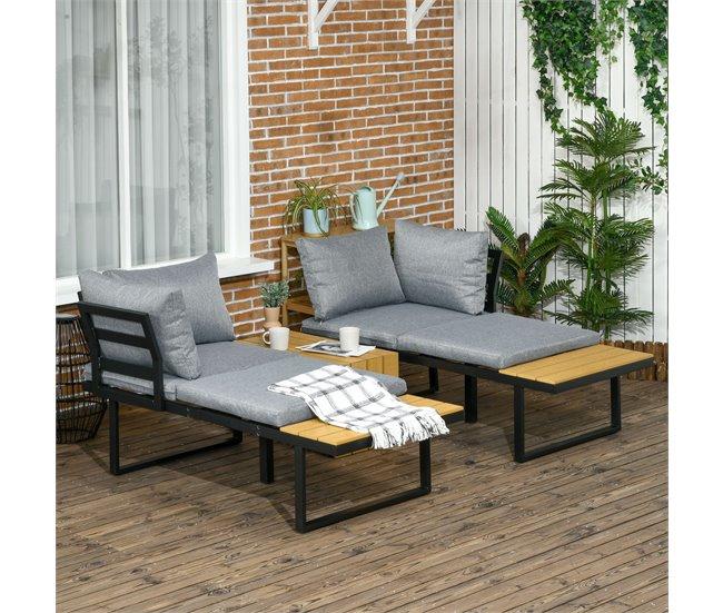 Conforama Outsunny Conjunto De Muebles De Jardín De Aluminio 3 Piezas Juego De Conversación Incluye 2 Sofás Esquineros Con Cojines Mesa De Plástico Madera Gris