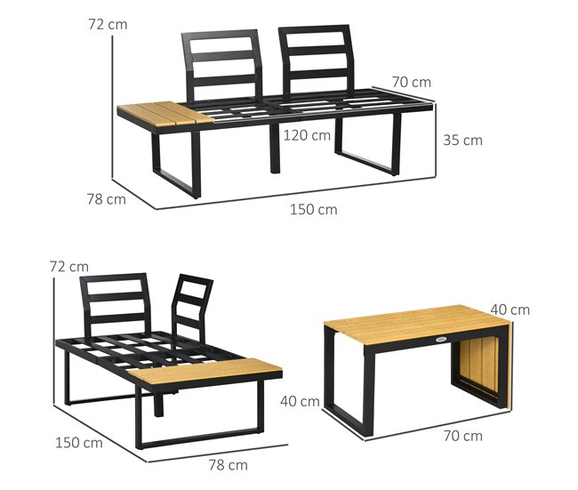 Conforama Outsunny Conjunto De Muebles De Jardín De Aluminio 3 Piezas Juego De Conversación Incluye 2 Sofás Esquineros Con Cojines Mesa De Plástico Madera Gris