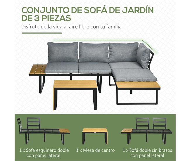 Conforama Outsunny Conjunto De Muebles De Jardín De Aluminio 3 Piezas Juego De Conversación Incluye 2 Sofás Esquineros Con Cojines Mesa De Plástico Madera Gris
