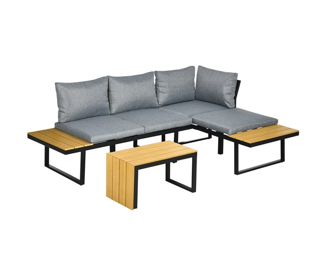 Conforama Outsunny Conjunto de Muebles de Jardín de Aluminio 3 Piezas Juego de Conversación Incluye 2 Sofás Esquineros con Cojines Mesa de Plástico Madera Gris