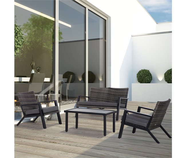 Conforama Outsunny Conjunto De Muebles De Jardín De Ratán 4 Piezas Juego De Muebles De Exterior Con Sofá De 2 Plazos Sofás Individuales Y Mesa De Centro Para Terraza Patio Negro