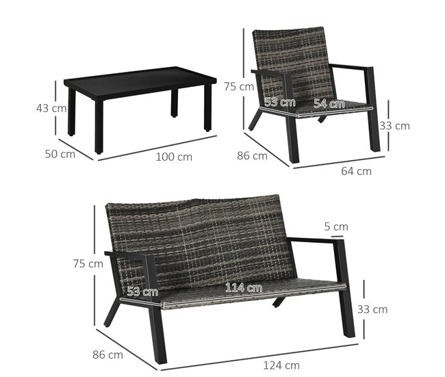 Conforama Outsunny Conjunto De Muebles De Jardín De Ratán 4 Piezas Juego De Muebles De Exterior Con Sofá De 2 Plazos Sofás Individuales Y Mesa De Centro Para Terraza Patio Negro