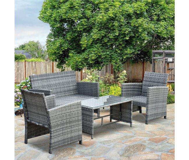 Conforama Outsunny Conjunto De Muebles De Jardín De Ratán 4 Piezas Juego De Muebles De Jardín Incluido 1 Sofá De 2 Plazas 2 Sillones Y 1 Mesa De Centro Con Tablero De Vidrio Para Terraza Gris