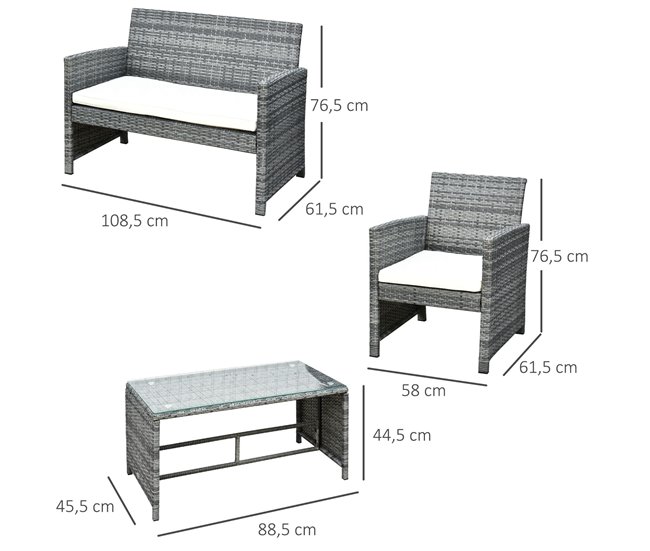 Conforama Outsunny Conjunto De Muebles De Jardín De Ratán 4 Piezas Juego De Muebles De Jardín Incluido 1 Sofá De 2 Plazas 2 Sillones Y 1 Mesa De Centro Con Tablero De Vidrio Para Terraza Gris