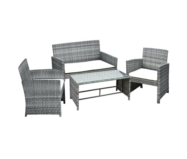 Conforama Outsunny Conjunto de Muebles de Jardín de Ratán 4 Piezas Juego de Muebles de Jardín Incluido 1 Sofá de 2 Plazas 2 Sillones y 1 Mesa de Centro con Tablero de Vidrio para Terraza Gris