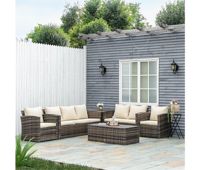 Conforama Outsunny Conjunto De Muebles De Jardín De Ratán 6 Piezas Sofá Doble Sofá De 3 Plazas 2 Sillones Individuales 2 Mesas Auxiliares Con Almacenamiento Y Cojines Acolchados Marrón Y Crema