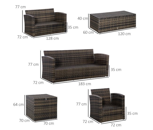 Conforama Outsunny Conjunto De Muebles De Jardín De Ratán 6 Piezas Sofá Doble Sofá De 3 Plazas 2 Sillones Individuales 2 Mesas Auxiliares Con Almacenamiento Y Cojines Acolchados Marrón Y Crema