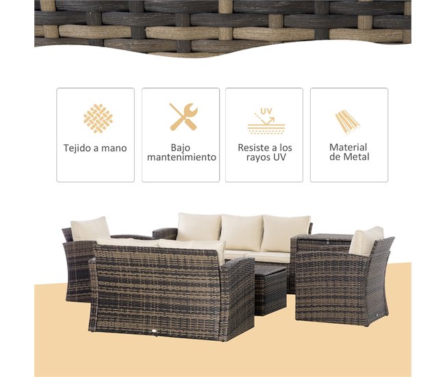 Conforama Outsunny Conjunto De Muebles De Jardín De Ratán 6 Piezas Sofá Doble Sofá De 3 Plazas 2 Sillones Individuales 2 Mesas Auxiliares Con Almacenamiento Y Cojines Acolchados Marrón Y Crema