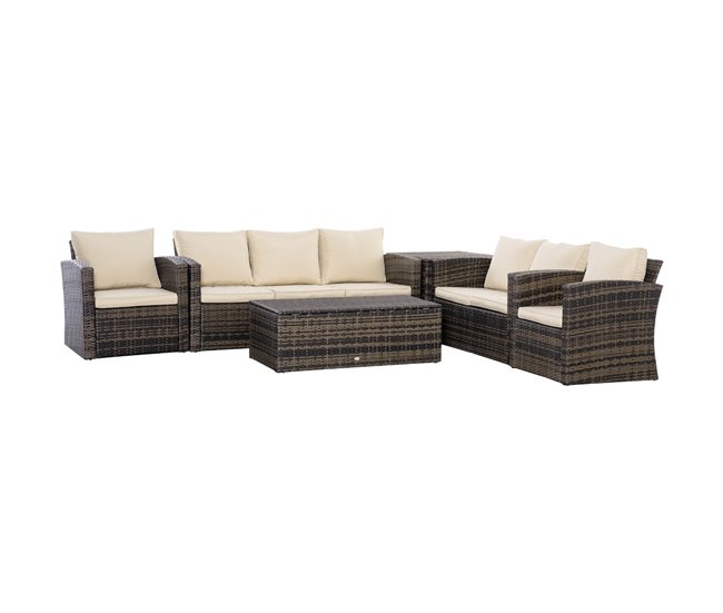 Conforama Outsunny Conjunto de Muebles de Jardín de Ratán 6 Piezas Sofá Doble Sofá de 3 Plazas 2 Sillones Individuales 2 Mesas Auxiliares con Almacenamiento y Cojines Acolchados Marrón y Crema