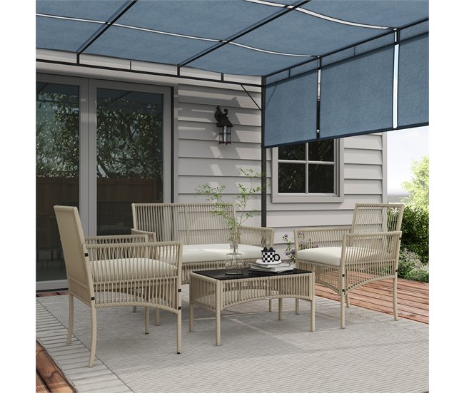 Conforama Outsunny Conjunto De Muebles De Jardín De Ratán Juego De 4 Piezas Muebles De Terraza Con 1 Sofá De 2 Plaza 2 Sillones Cojines Y 1 Mesa De Centro De Tablero De Vidrio Para Patio Caqui