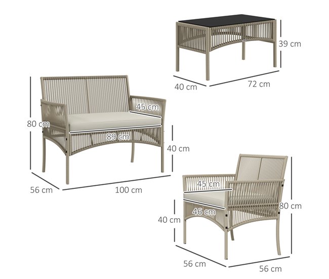 Conforama Outsunny Conjunto De Muebles De Jardín De Ratán Juego De 4 Piezas Muebles De Terraza Con 1 Sofá De 2 Plaza 2 Sillones Cojines Y 1 Mesa De Centro De Tablero De Vidrio Para Patio Caqui