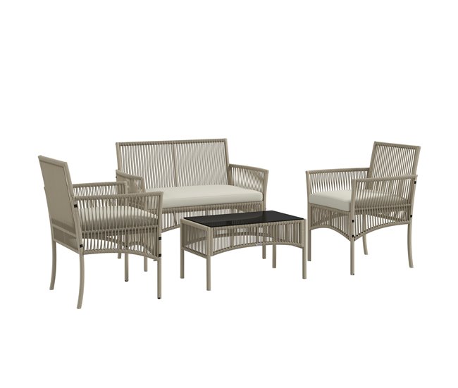 Conforama Outsunny Conjunto de Muebles de Jardín de Ratán Juego de 4 Piezas Muebles de Terraza con 1 Sofá de 2 Plaza 2 Sillones Cojines y 1 Mesa de Centro de Tablero de Vidrio para Patio Caqui