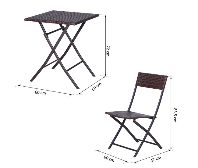 Conforama Outsunny Conjunto De Muebles De Jardín Plegable De 3 Piezas Juego De Sillas Y Mesa De Ratán Para Patio Balcón Jardín Diseño Trenzado Elegante Mesa De 60x60x72 Cm Marrón