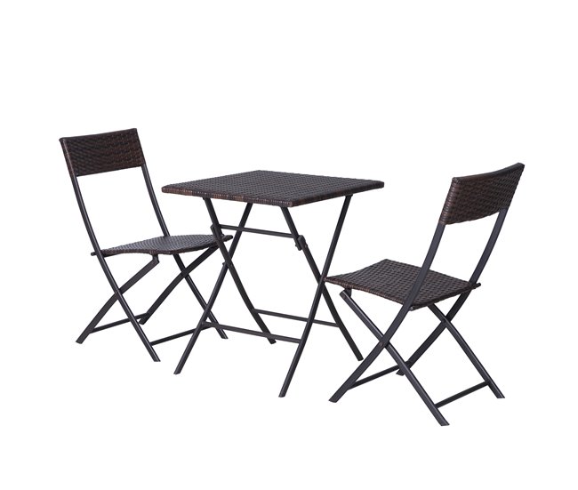 Conforama Outsunny Conjunto de Muebles de Jardín Plegable de 3 Piezas Juego de Sillas y Mesa de Ratán para Patio Balcón Jardín Diseño Trenzado Elegante Mesa de 60x60x72 cm Marrón