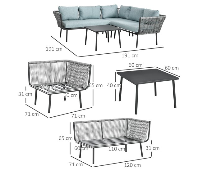 Conforama Outsunny Conjunto De Muebles De Ratán 4 Piezas Con Marco De Aluminio Set De Muebles De Jardín 2 Sofá De 2 Plazas Sofá De Esquina Mesa De Centro Con 6 Cojines Acolchados Para Exterior Patio Gris