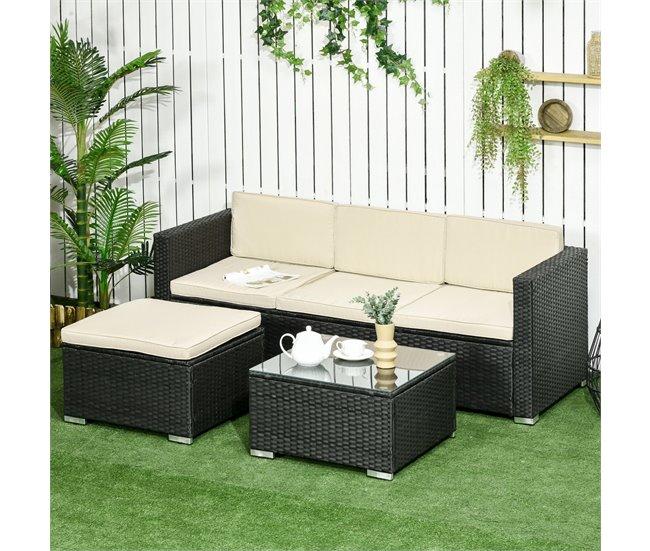 Conforama Outsunny Conjunto De Muebles De Ratán De Jardín 3 Piezas Muebles De Ratán Exterior Sofá De 3 Plazas Con Cojines Acolchados Mesa De Centro Con Tablero De Vidrio Templado Y Reposapiés Anti-UV Negro