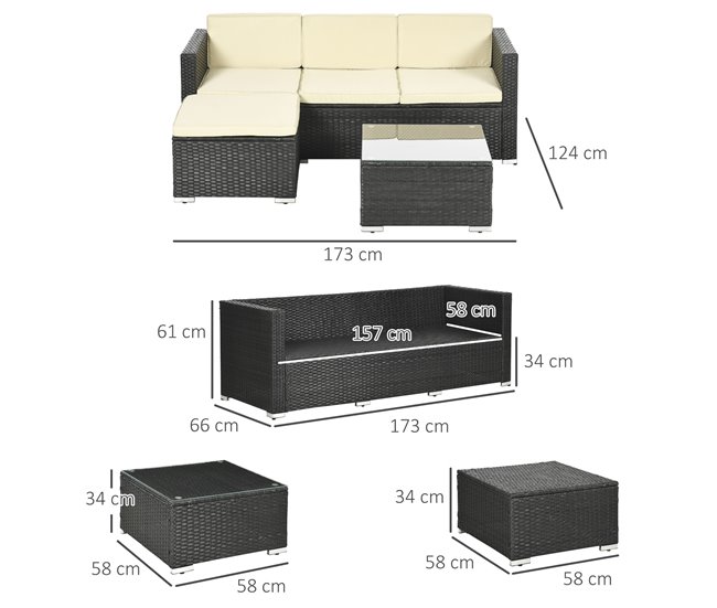 Conforama Outsunny Conjunto De Muebles De Ratán De Jardín 3 Piezas Muebles De Ratán Exterior Sofá De 3 Plazas Con Cojines Acolchados Mesa De Centro Con Tablero De Vidrio Templado Y Reposapiés Anti-UV Negro
