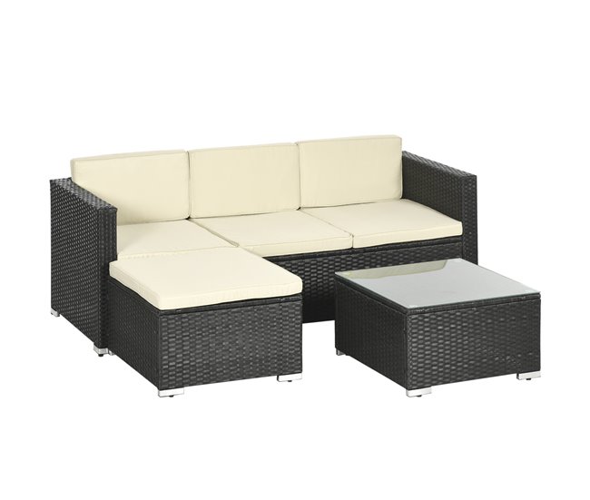 Conforama Outsunny Conjunto de Muebles de Ratán de Jardín 3 Piezas Muebles de Ratán Exterior Sofá de 3 Plazas con Cojines Acolchados Mesa de Centro con Tablero de Vidrio Templado y Reposapiés Anti-UV Negro