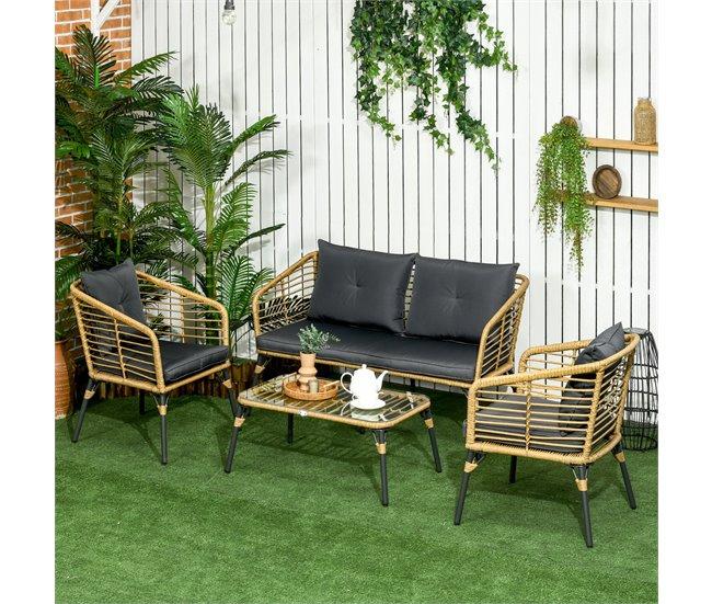 Conforama Outsunny Conjunto De Muebles De Ratán Para 4 Personas Muebles De Jardín 4 Piezas Con Sofá De 2 Plazos 2 Sillones Mesa De Centro Y 4 Cojines Para Terraza Patio Arena