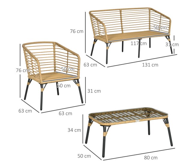 Conforama Outsunny Conjunto De Muebles De Ratán Para 4 Personas Muebles De Jardín 4 Piezas Con Sofá De 2 Plazos 2 Sillones Mesa De Centro Y 4 Cojines Para Terraza Patio Arena