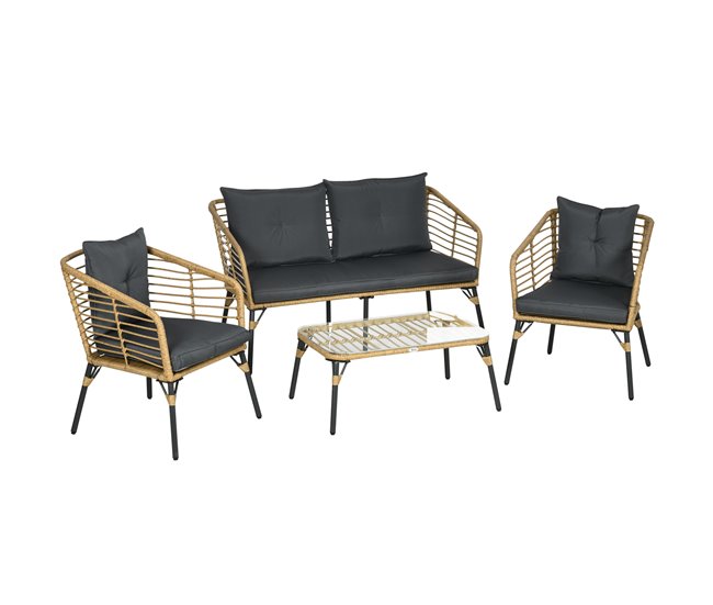 Conforama Outsunny Conjunto de Muebles de Ratán para 4 Personas Muebles de Jardín 4 Piezas con Sofá de 2 Plazos 2 Sillones Mesa de Centro y 4 Cojines para Terraza Patio Arena