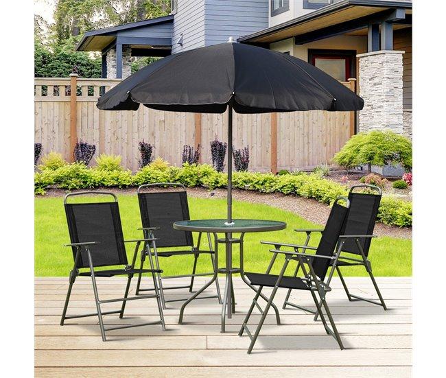 Conforama Outsunny Conjunto De Muebles Para Jardín Con 4 Sillas 1 Mesa Y 1 Parasol Texteline Aluminio Y Poliéster Negro