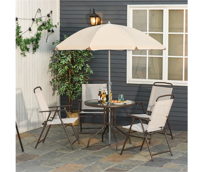 Conforama Outsunny Conjunto De Muebles Para Jardín Con 4 Sillas 1 Mesa Y 1 Parasol Texteline Aluminio Y Poliéster Beige