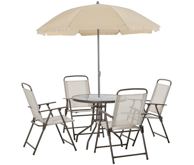 Conforama Outsunny Conjunto de Muebles para Jardín con 4 Sillas 1 Mesa y 1 Parasol Texteline Aluminio y Poliéster Beige