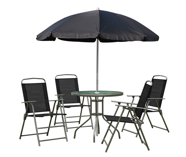 Conforama Outsunny Conjunto de Muebles para Jardín con 4 Sillas 1 Mesa y 1 Parasol Texteline Aluminio y Poliéster Negro